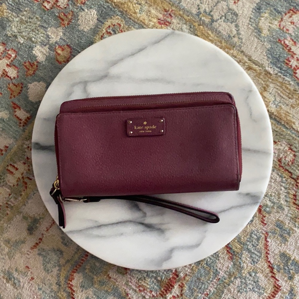 Kate Spade NY Double Zipper Leather Wristlet Maroon
